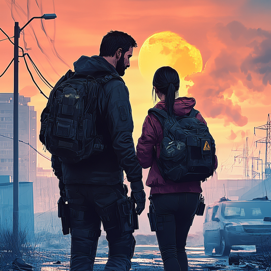 An image of the post-apocalypse with two characters walking into a city