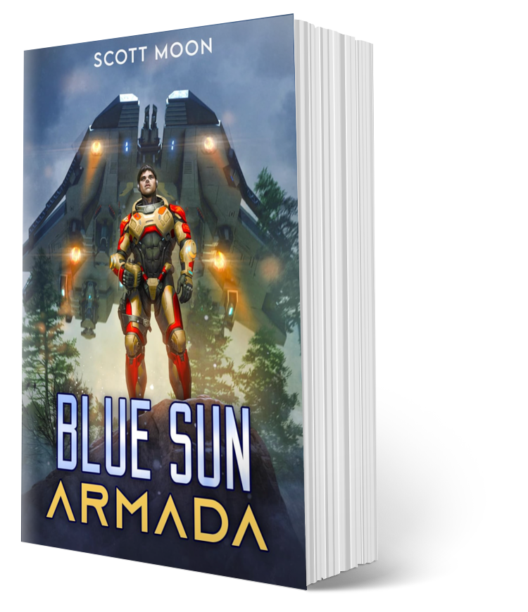 Book titled 'Blue Sun Armada' by Scott Moon with a futuristic soldier and spaceship design on the cover.