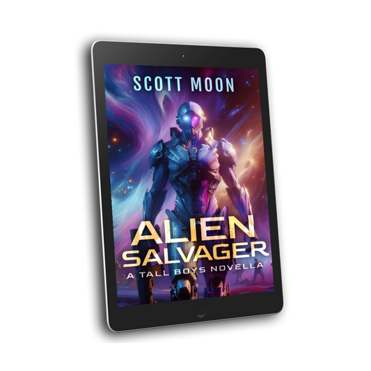 Ebook cover of 'Alien Salvager' by Scott Moon on a tablet screen