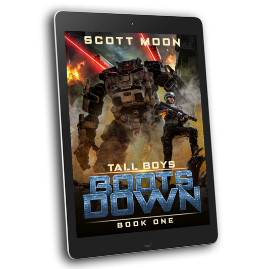 Ebook cover of 'Tall Boys Boots Down' by Scott Moon on a tablet screen.
