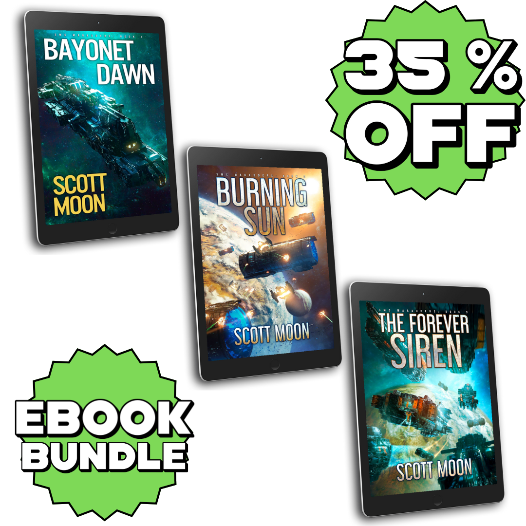 Three tablet screens displaying book covers with 'Scott Moon' and promotional text