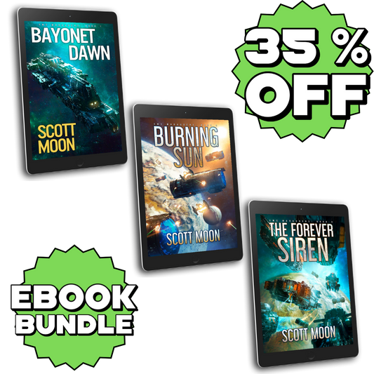 Three tablet screens displaying book covers with 'Scott Moon' and promotional text