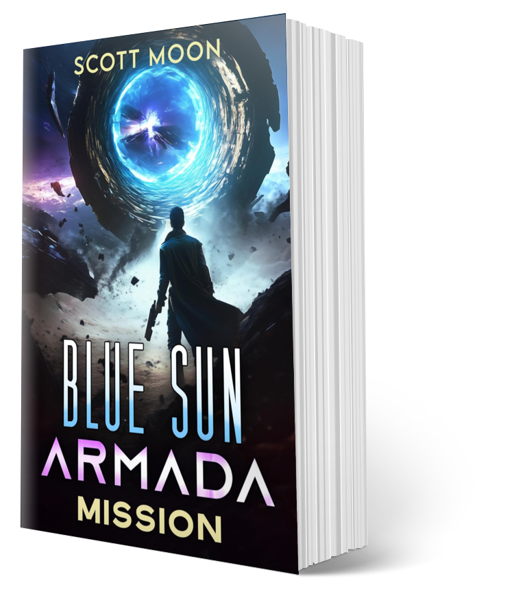 Book titled 'Blue Sun Armada Mission' by Scott Moon with a futuristic cover design.