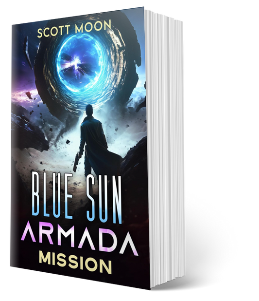 Book titled 'Blue Sun Armada Mission' by Scott Moon with a futuristic cover design.