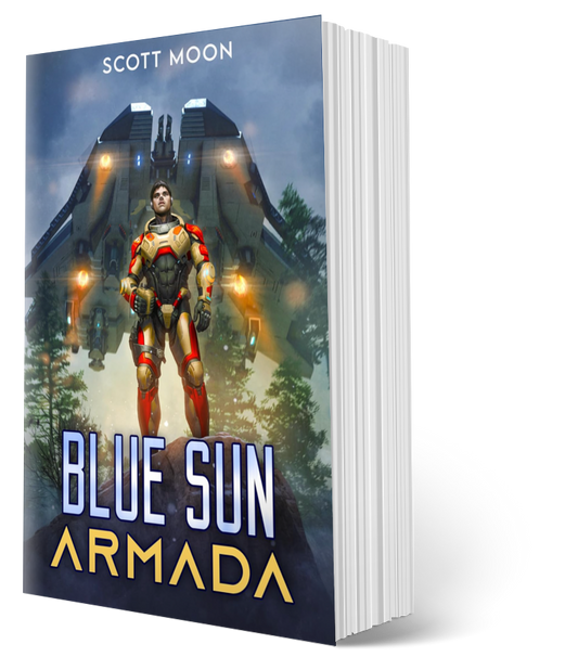 Book titled 'Blue Sun Armada' by Scott Moon with a futuristic soldier and spaceship design on the cover.