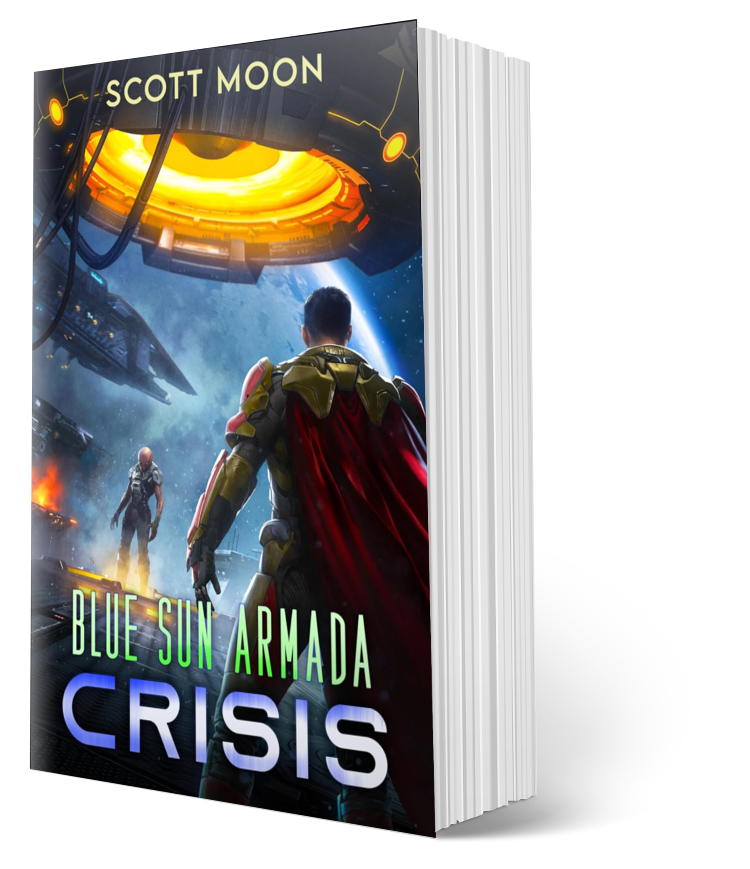 Book titled 'Blue Sun Armada Crisis' by Scott Moon with a sci-fi cover featuring a spaceship and characters.