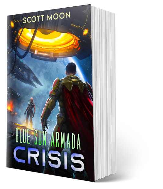 Book titled 'Blue Sun Armada Crisis' by Scott Moon with a sci-fi cover featuring a spaceship and characters.