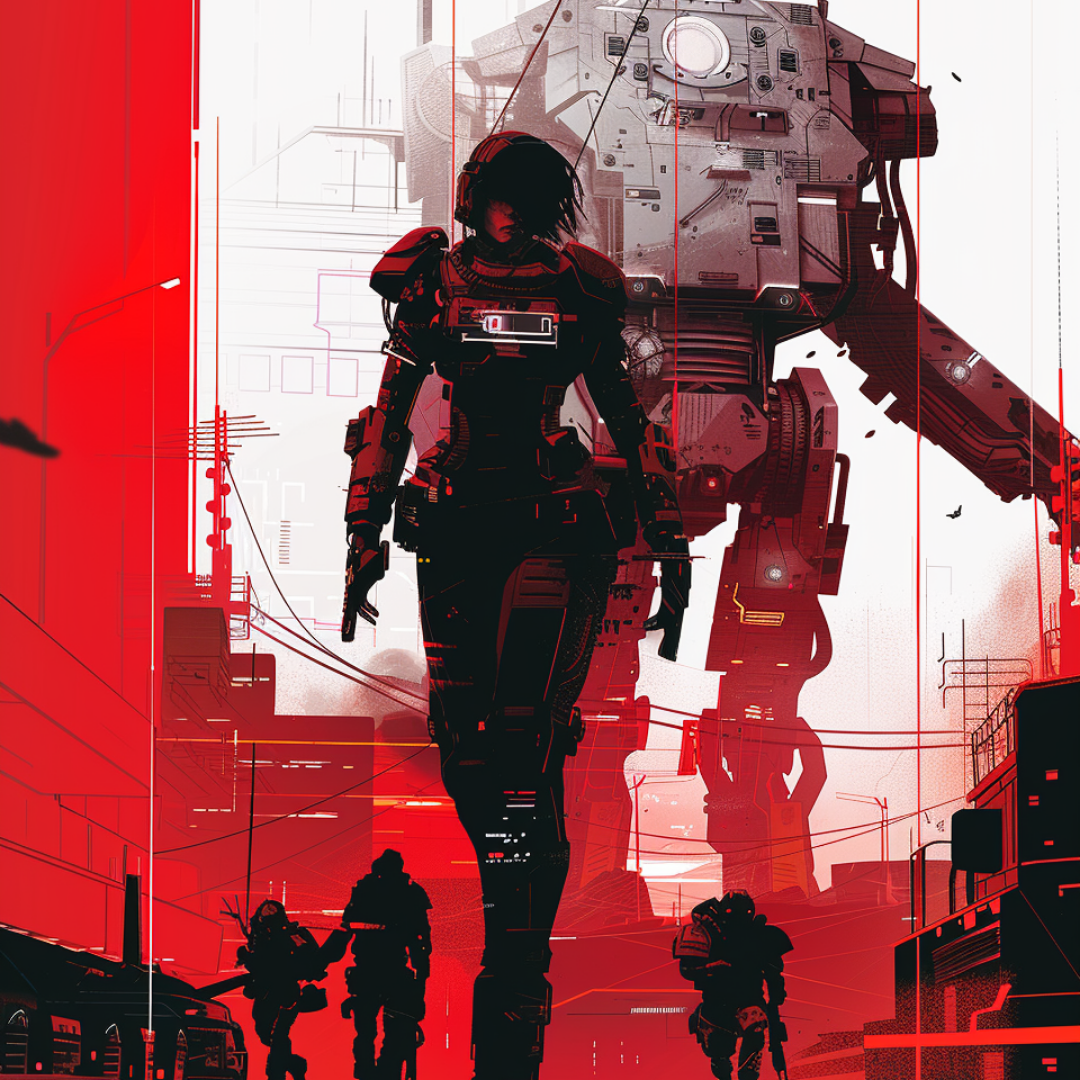 Duo-tone image of Soldiers and a giant robot